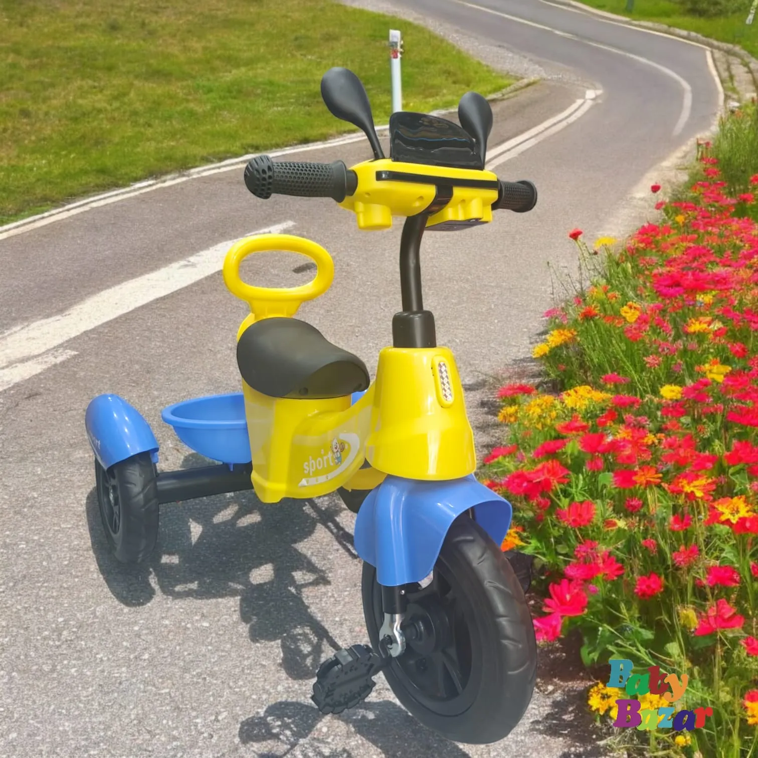 Kids Stoller 3Wheel Pedal Toddlers Tri Cycle With Stroge Basket - Yellow