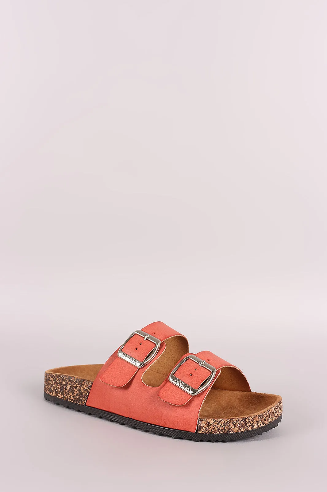 Leather Open Toe Buckled Cork Footbed Slide Sandal