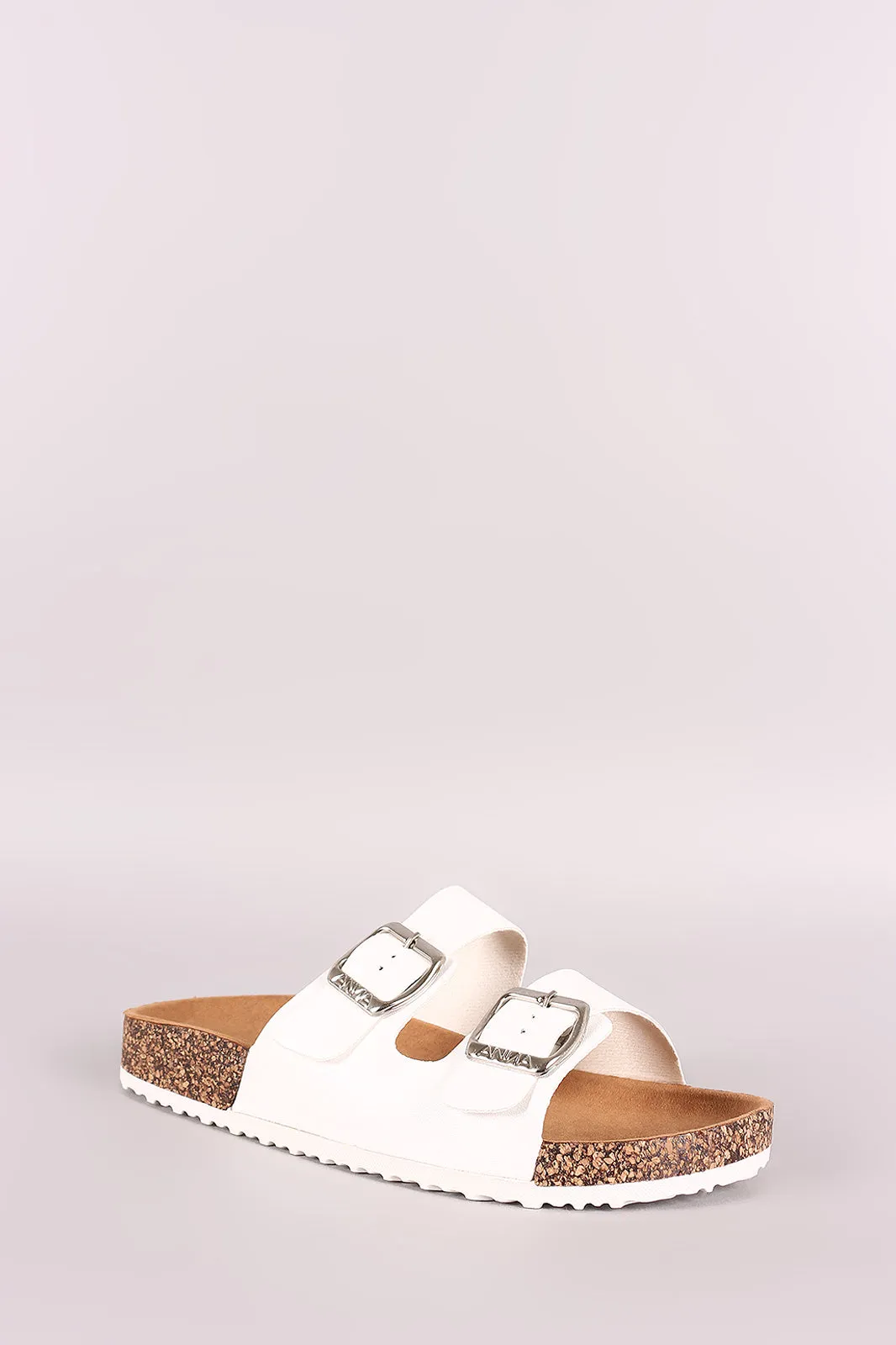 Leather Open Toe Buckled Cork Footbed Slide Sandal