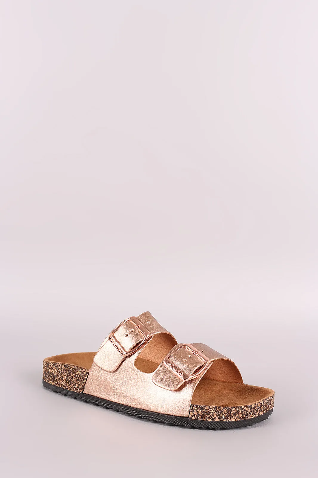 Leather Open Toe Buckled Cork Footbed Slide Sandal
