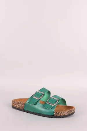 Leather Open Toe Buckled Cork Footbed Slide Sandal