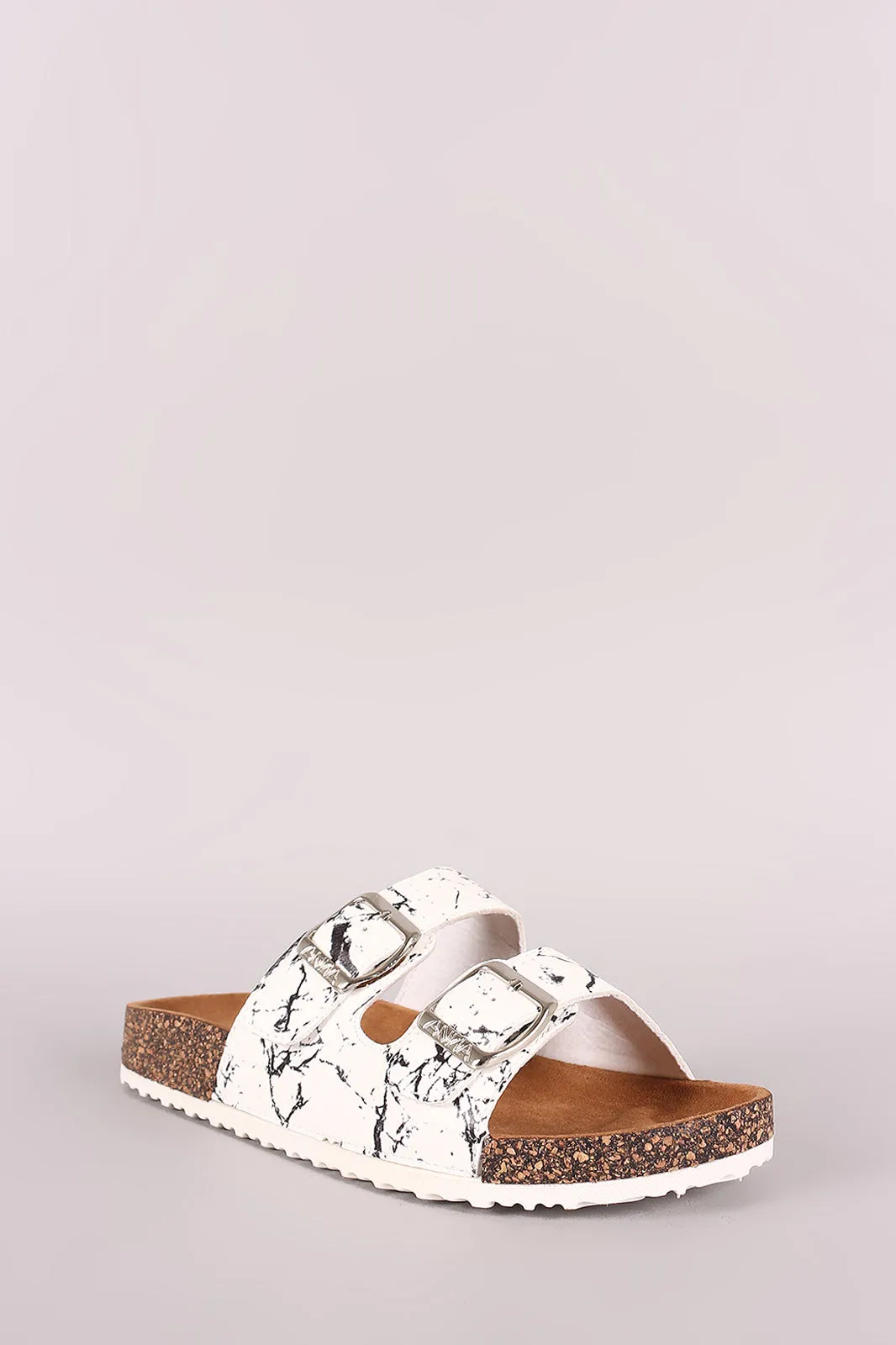 Leather Open Toe Buckled Cork Footbed Slide Sandal
