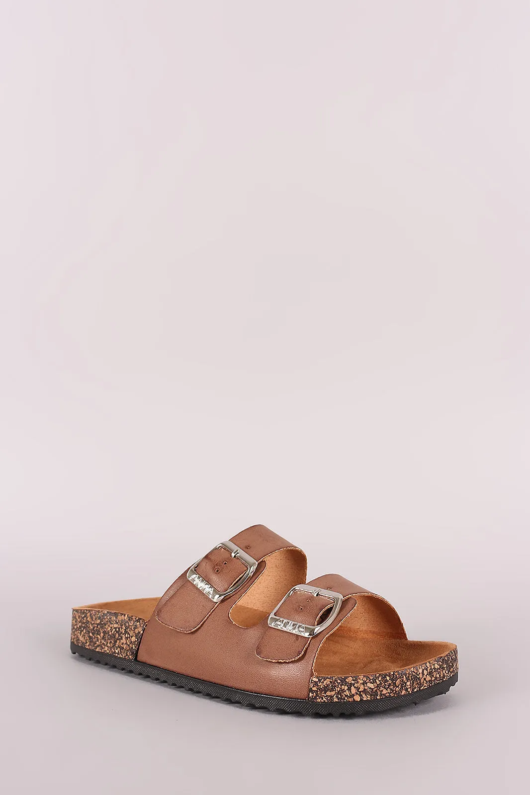 Leather Open Toe Buckled Cork Footbed Slide Sandal