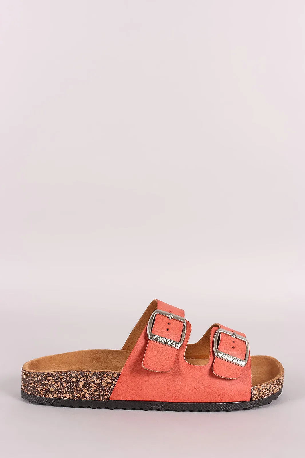 Leather Open Toe Buckled Cork Footbed Slide Sandal
