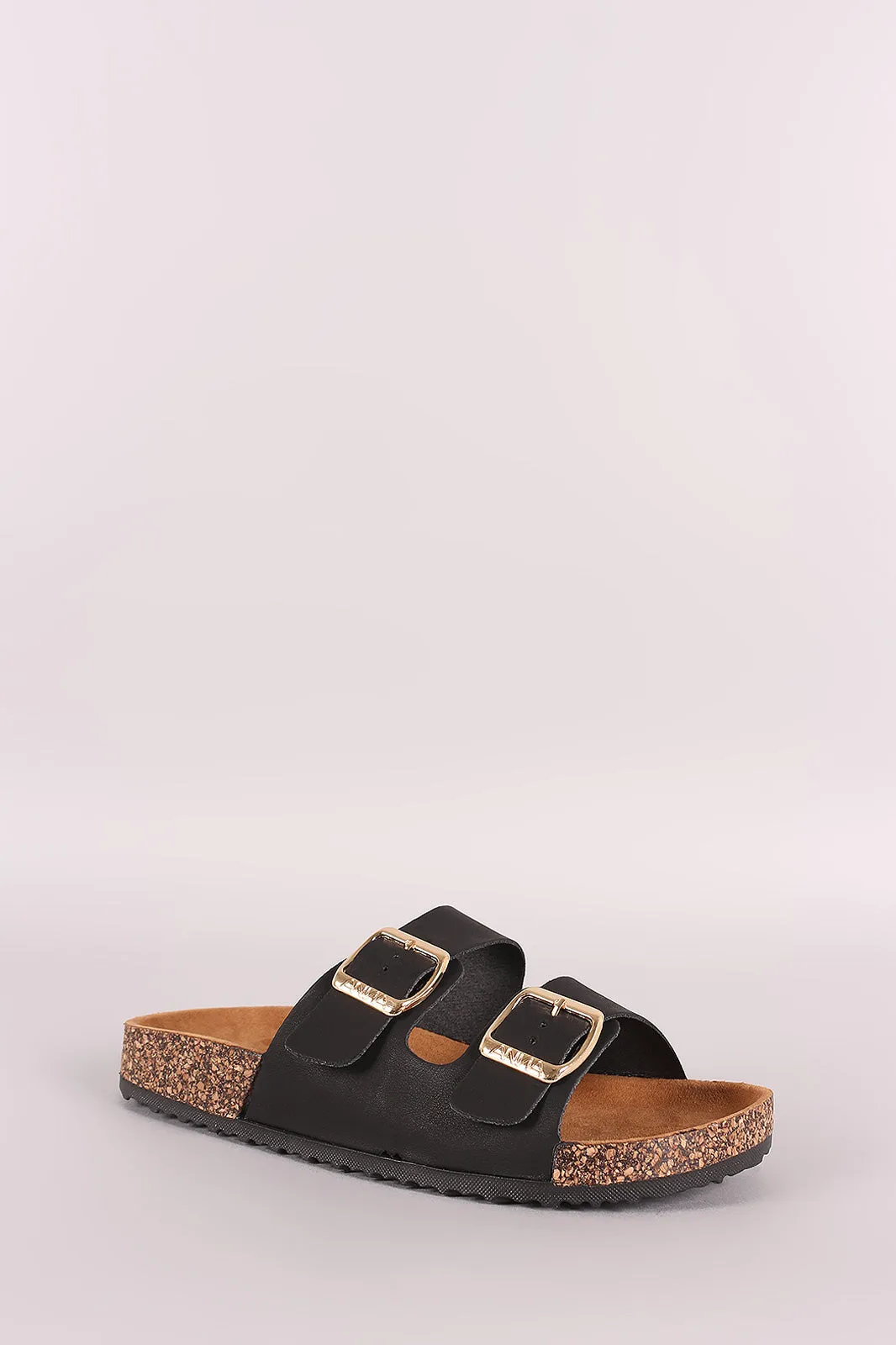 Leather Open Toe Buckled Cork Footbed Slide Sandal