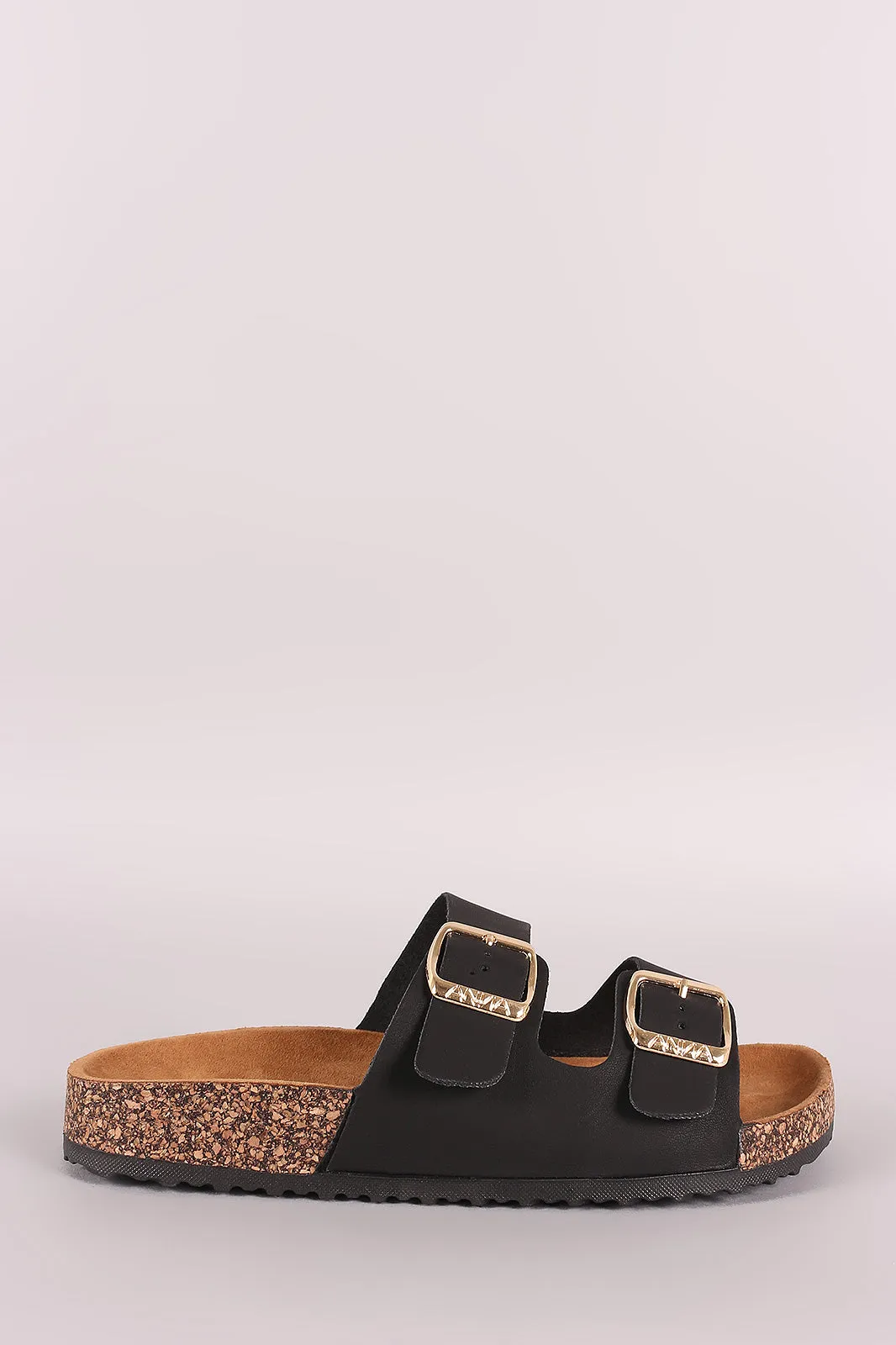 Leather Open Toe Buckled Cork Footbed Slide Sandal