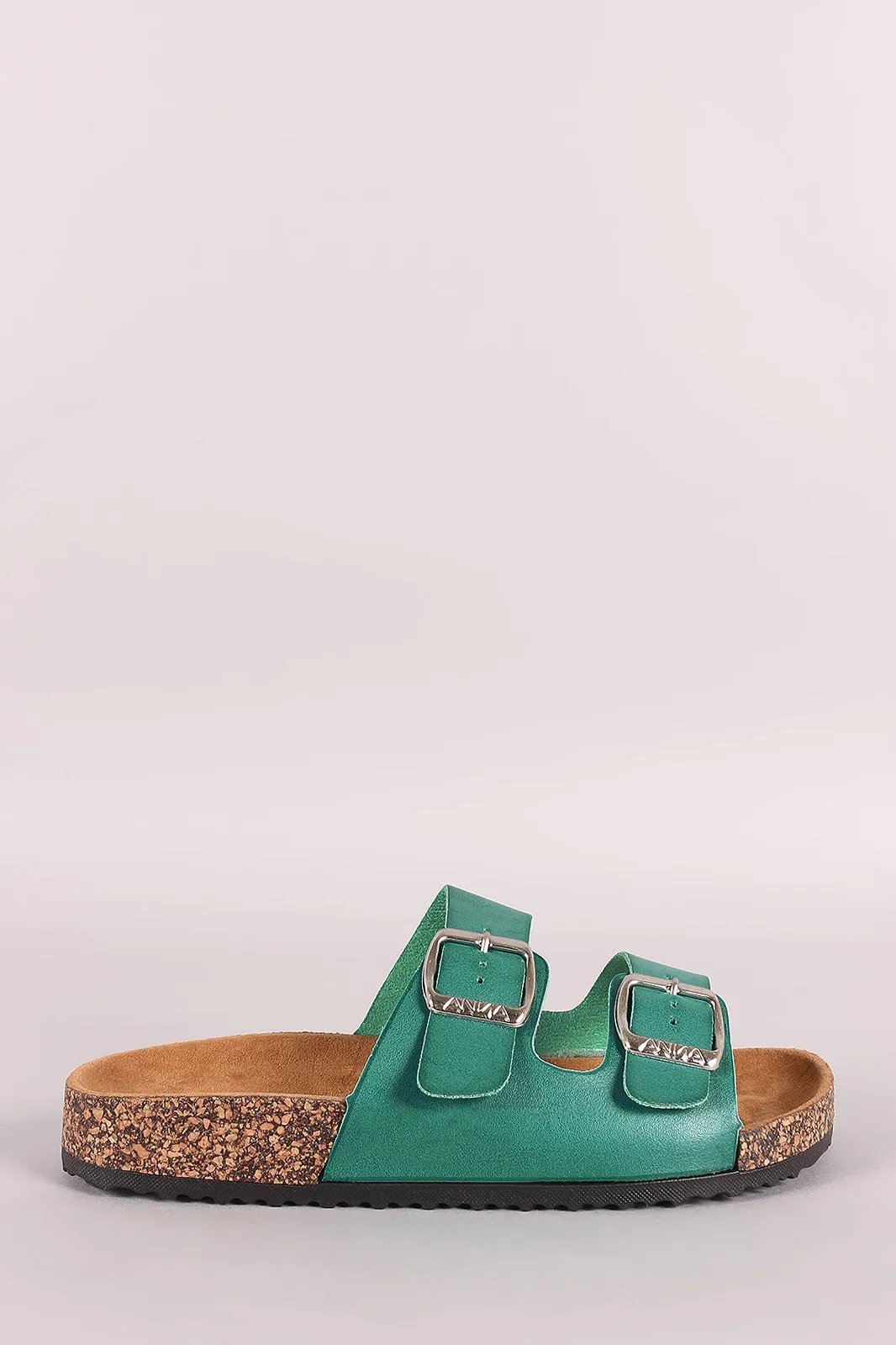Leather Open Toe Buckled Cork Footbed Slide Sandal