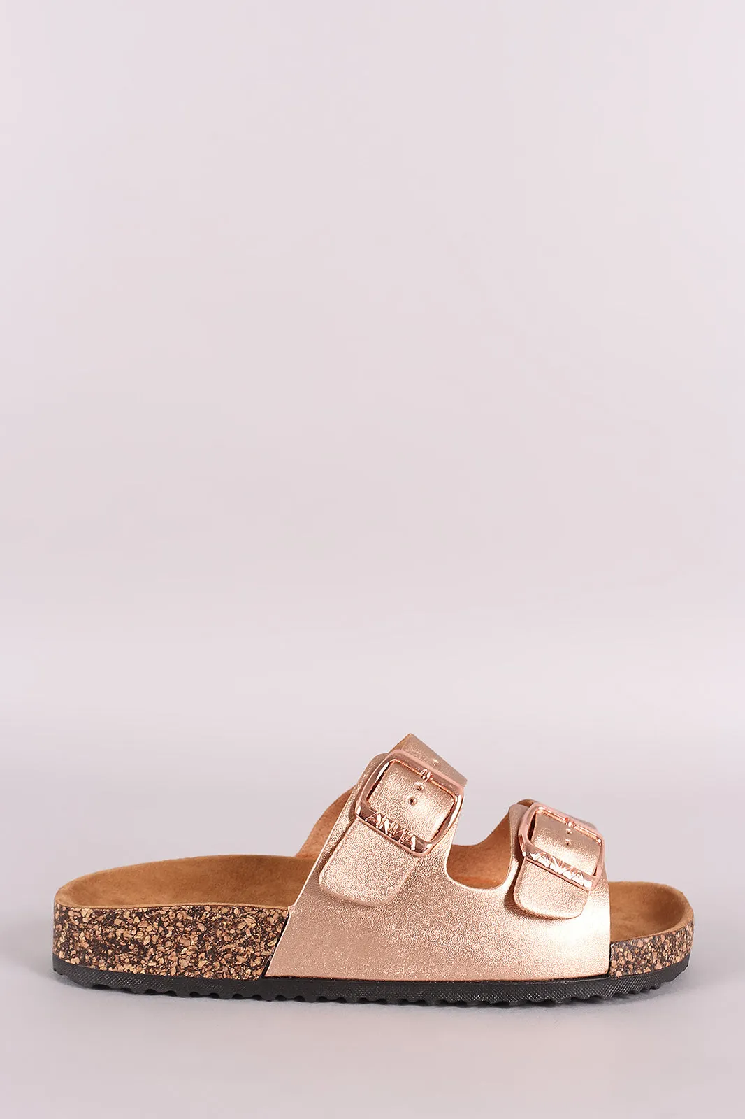 Leather Open Toe Buckled Cork Footbed Slide Sandal
