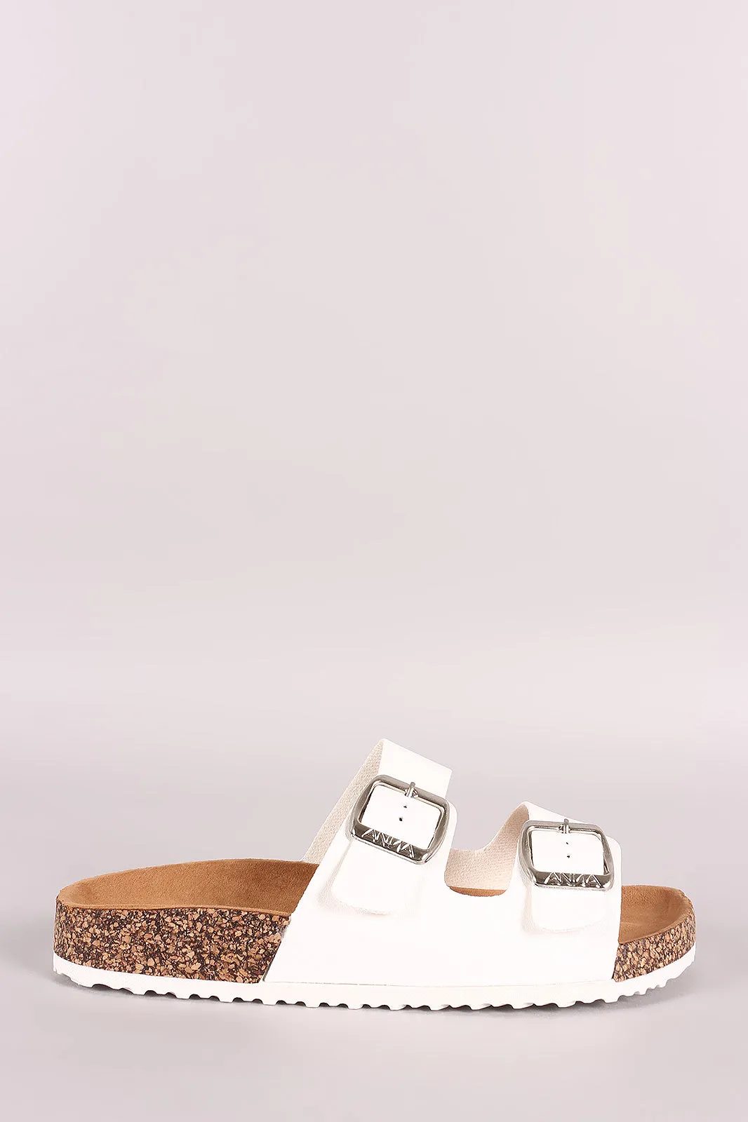 Leather Open Toe Buckled Cork Footbed Slide Sandal