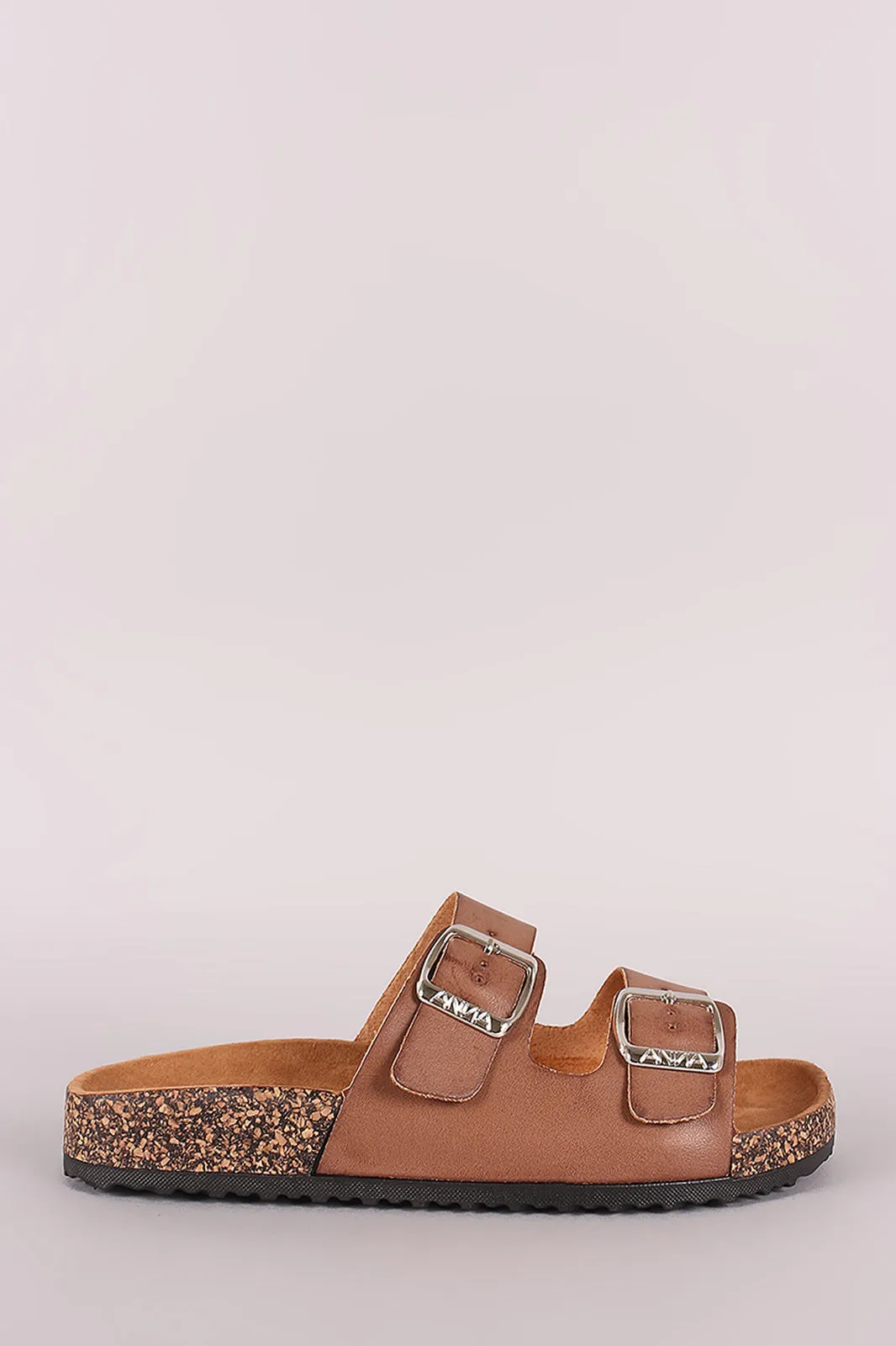 Leather Open Toe Buckled Cork Footbed Slide Sandal