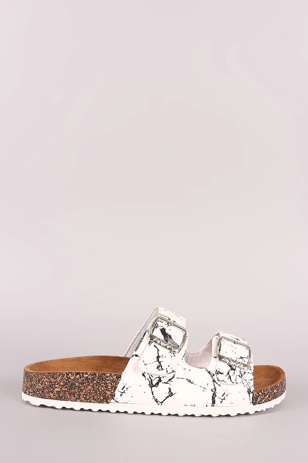 Leather Open Toe Buckled Cork Footbed Slide Sandal
