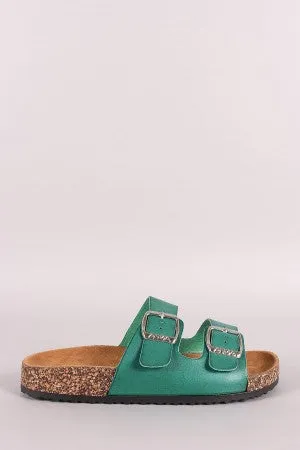 Leather Open Toe Buckled Cork Footbed Slide Sandal