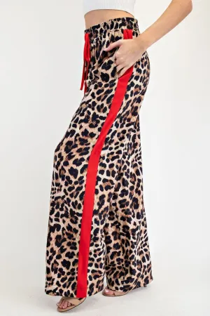 Leopard Print Wide-Leg Pants with Red Stripe Detail