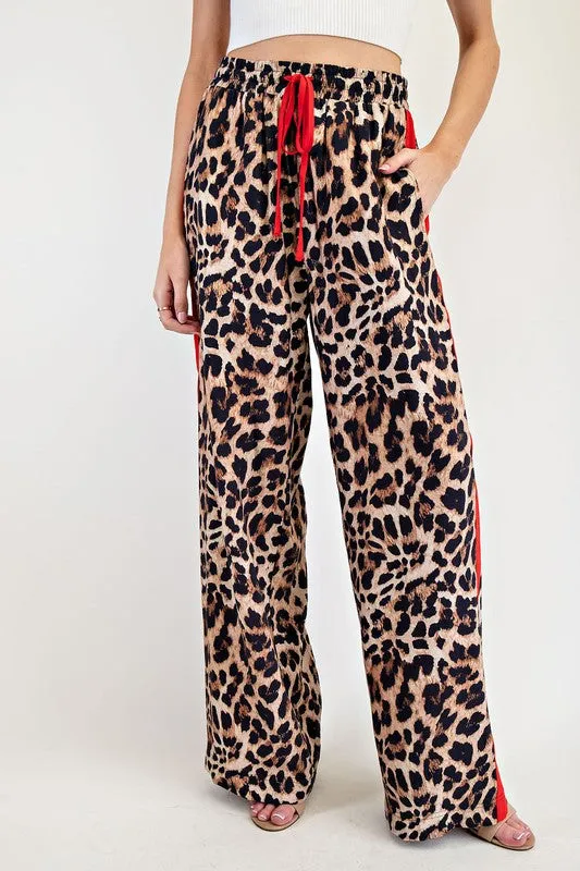 Leopard Print Wide-Leg Pants with Red Stripe Detail