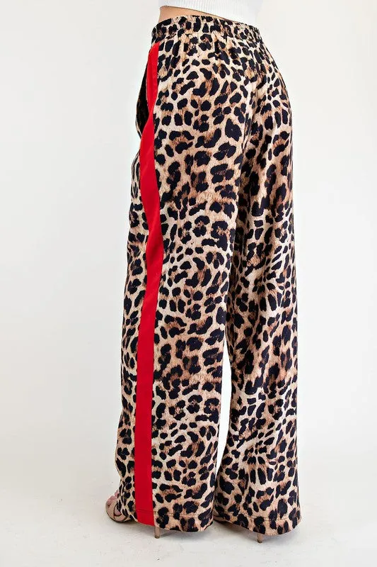 Leopard Print Wide-Leg Pants with Red Stripe Detail