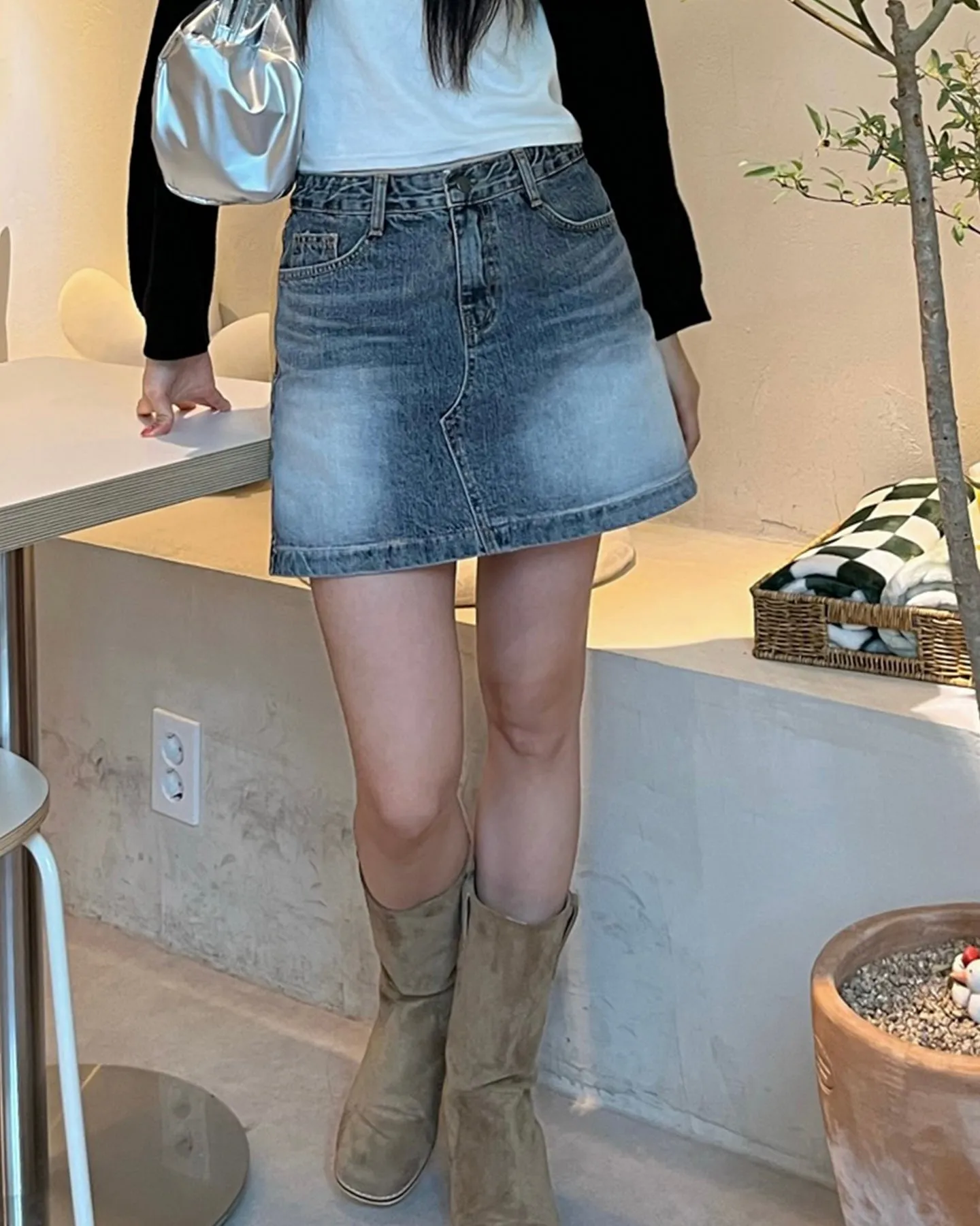 Low Rise Brushed Denim Skirt