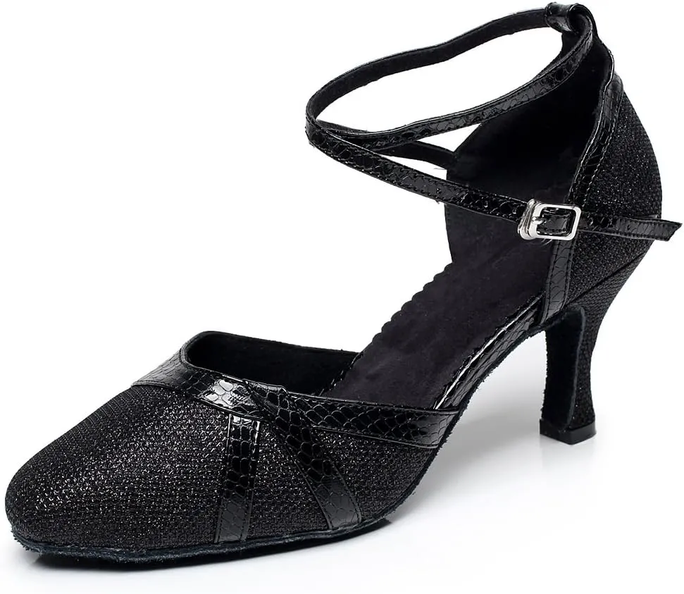 Minishion QJ6227 Women's Color Block Satin Latin Salsa Dance Shoes