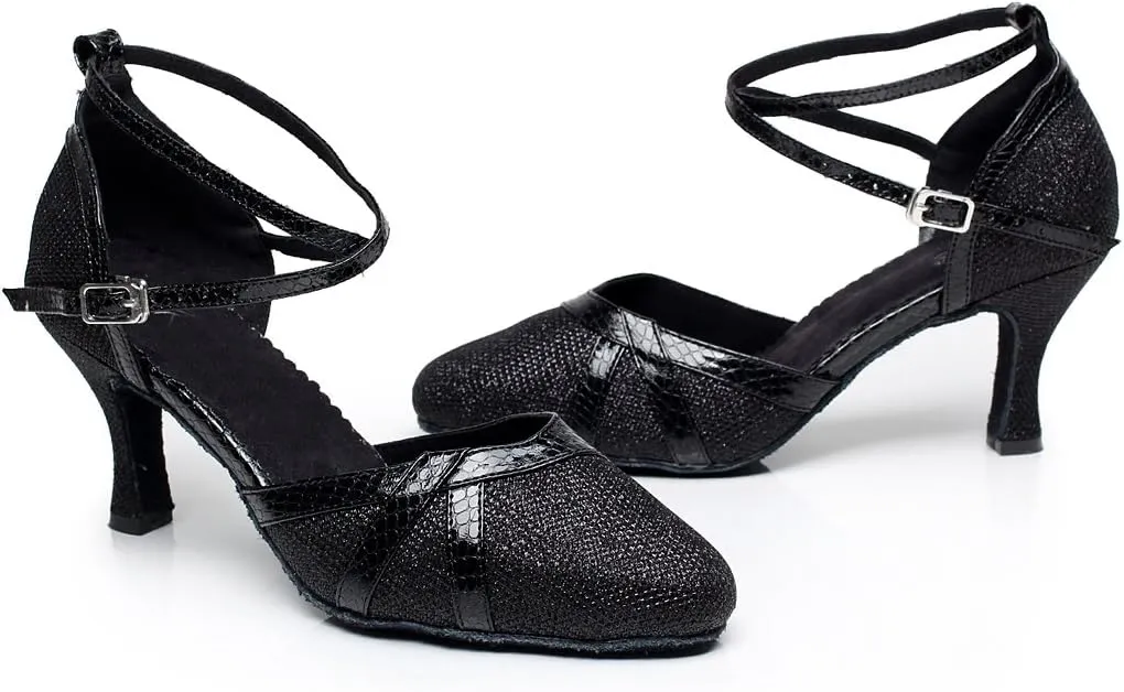 Minishion QJ6227 Women's Color Block Satin Latin Salsa Dance Shoes