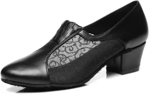 Minishion Women's Closed Toe Slip-on Block Low Heel Salsa Latin Ballroom Dancing Shoes Black US 4