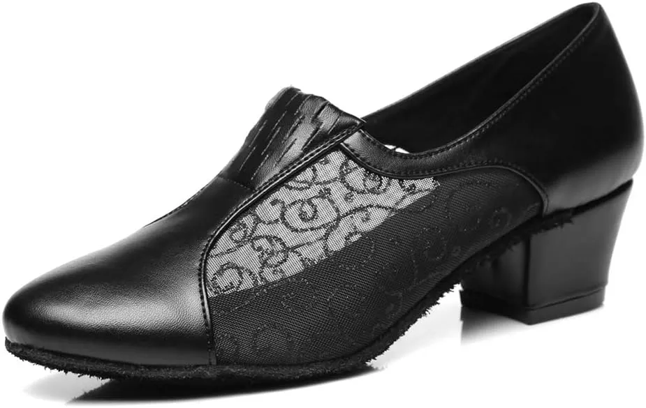 Minishion Women's Closed Toe Slip-on Block Low Heel Salsa Latin Ballroom Dancing Shoes Black US 4