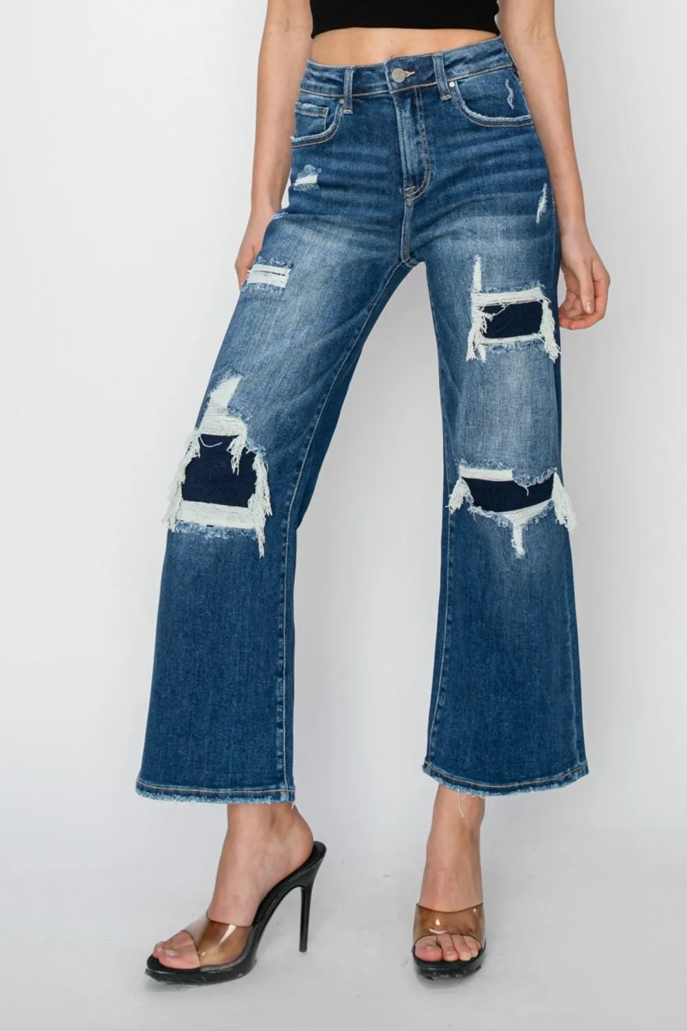 Modern Chic: Risen High Rise Patch Detailed Wide Leg Crop Jeans
