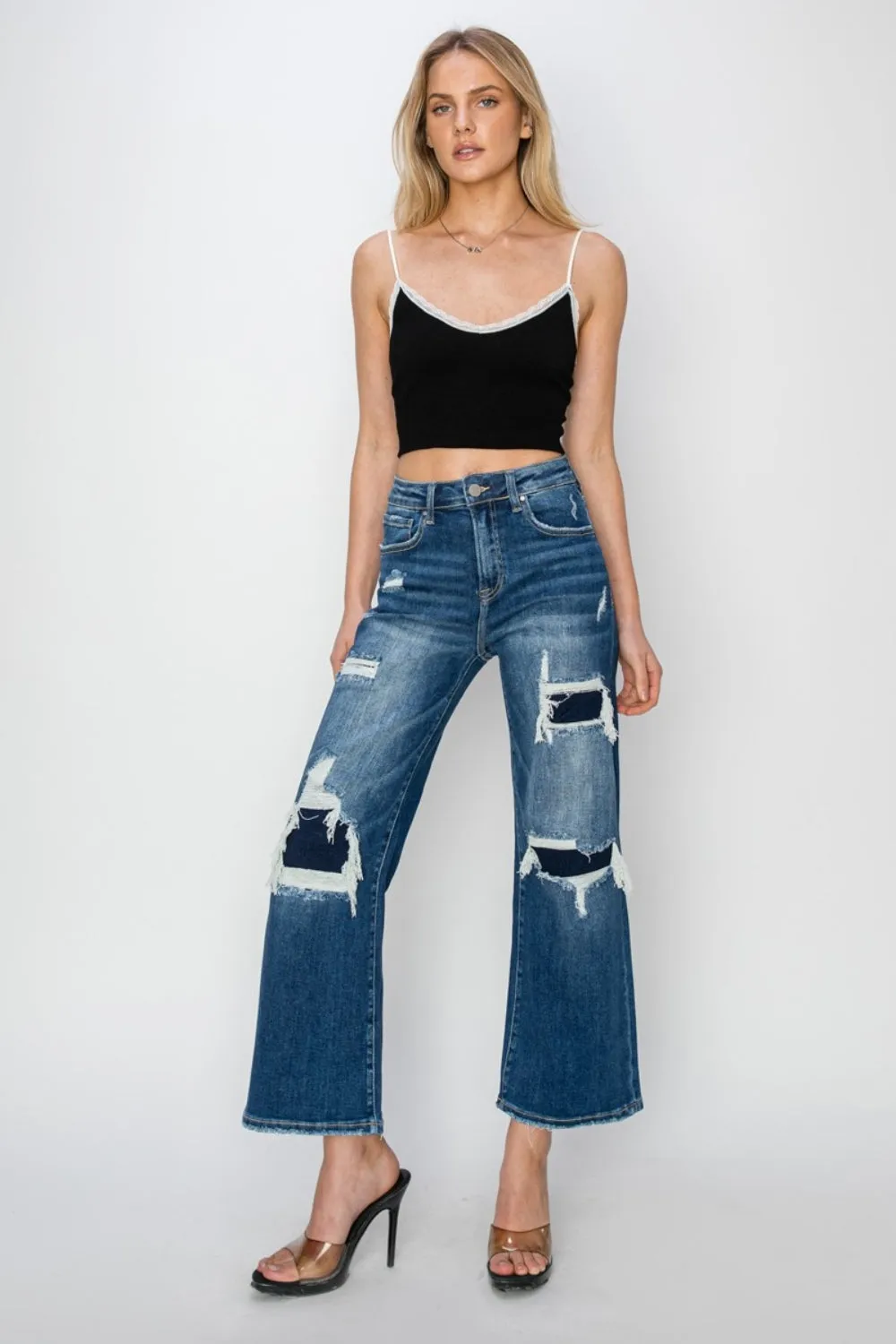 Modern Chic: Risen High Rise Patch Detailed Wide Leg Crop Jeans