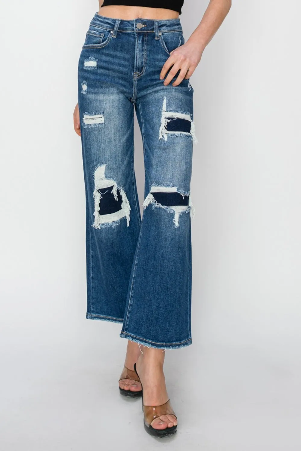 Modern Chic: Risen High Rise Patch Detailed Wide Leg Crop Jeans