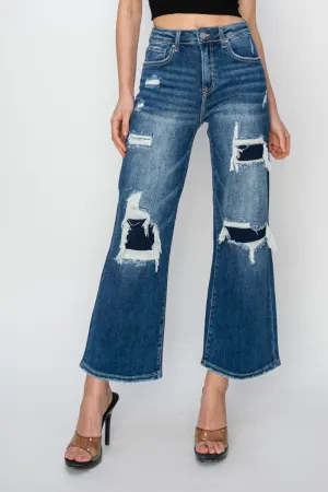 Modern Chic: Risen High Rise Patch Detailed Wide Leg Crop Jeans
