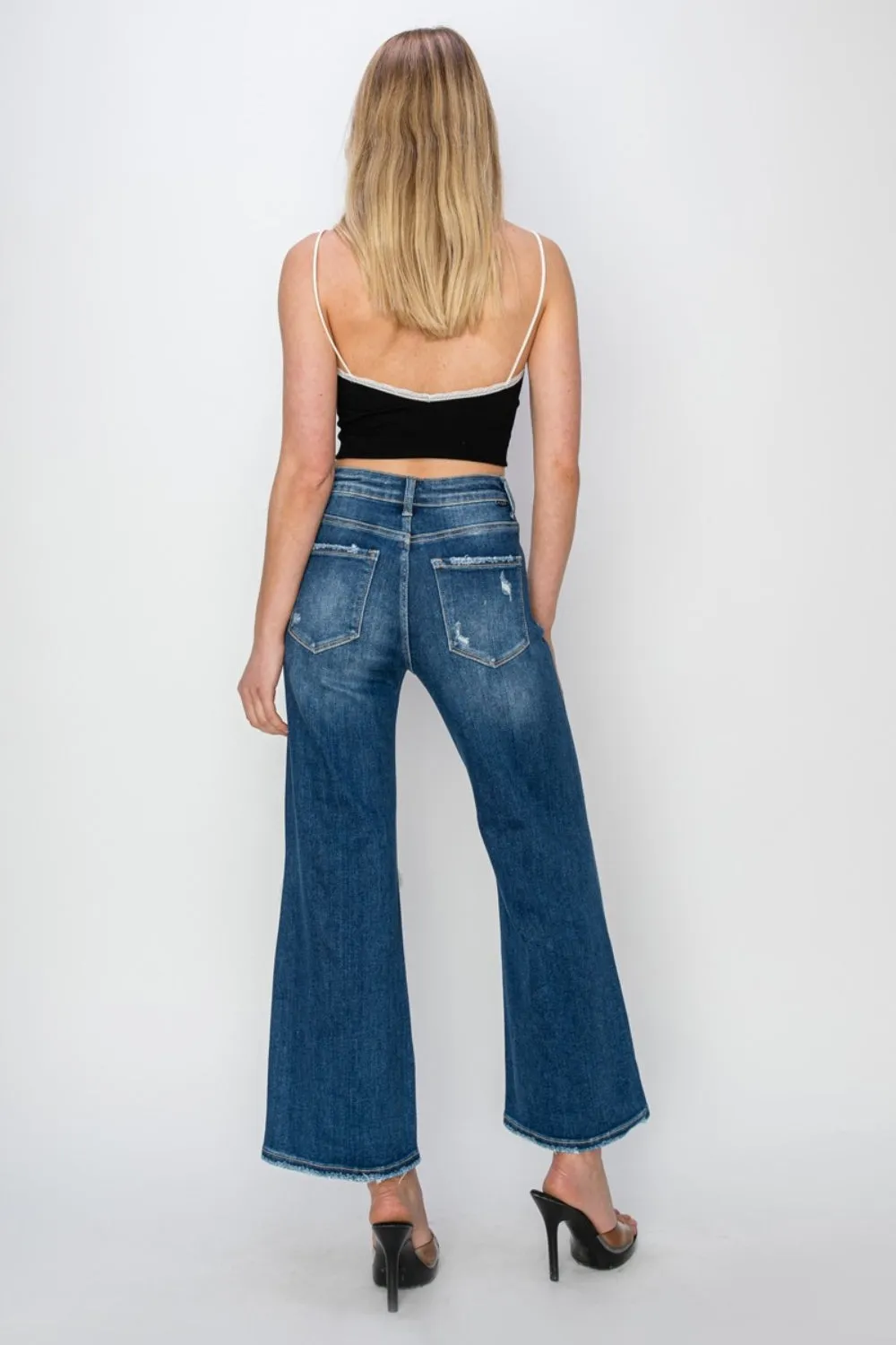 Modern Chic: Risen High Rise Patch Detailed Wide Leg Crop Jeans