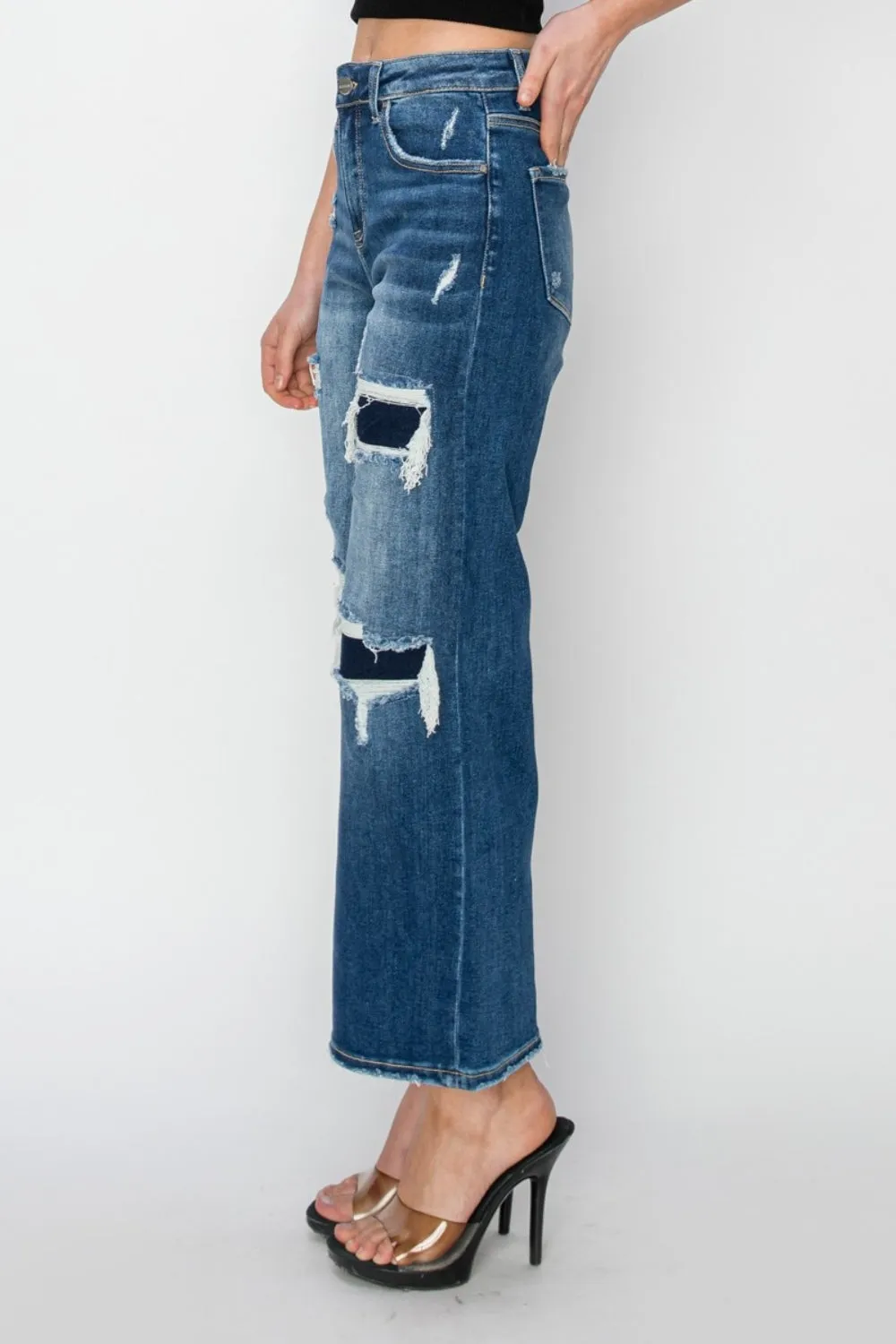 Modern Chic: Risen High Rise Patch Detailed Wide Leg Crop Jeans