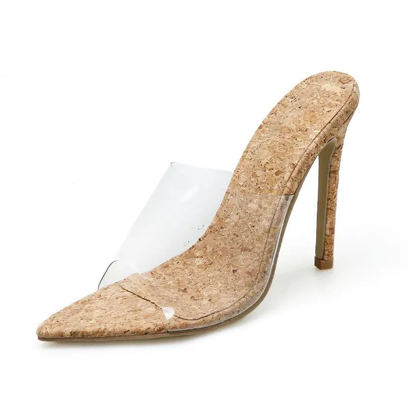 Nude Heels for Wedding Trade Large Size Wooden Heel Glass Film High Heel Slippers Sandals