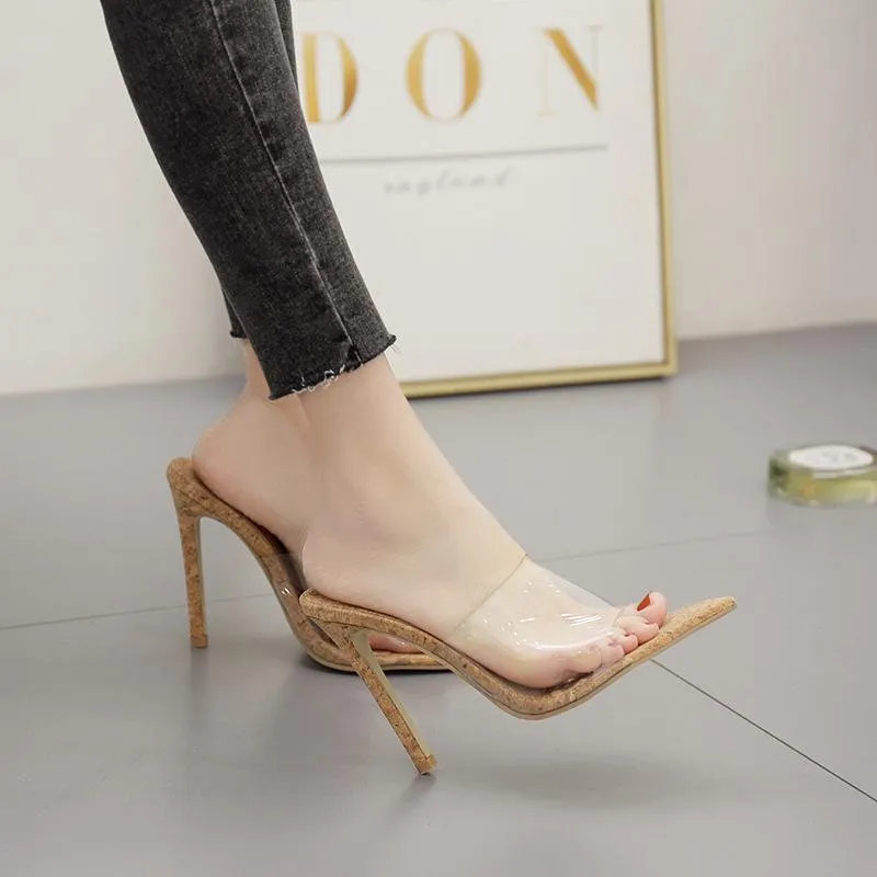 Nude Heels for Wedding Trade Large Size Wooden Heel Glass Film High Heel Slippers Sandals
