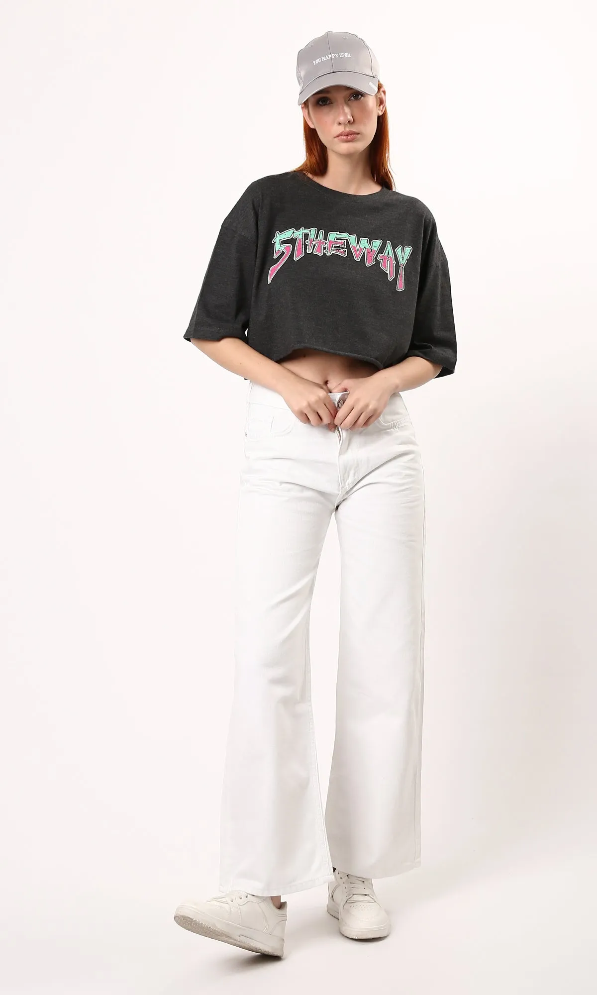 O183090 Cropped Heather Dark Grey Printed Summer Tee