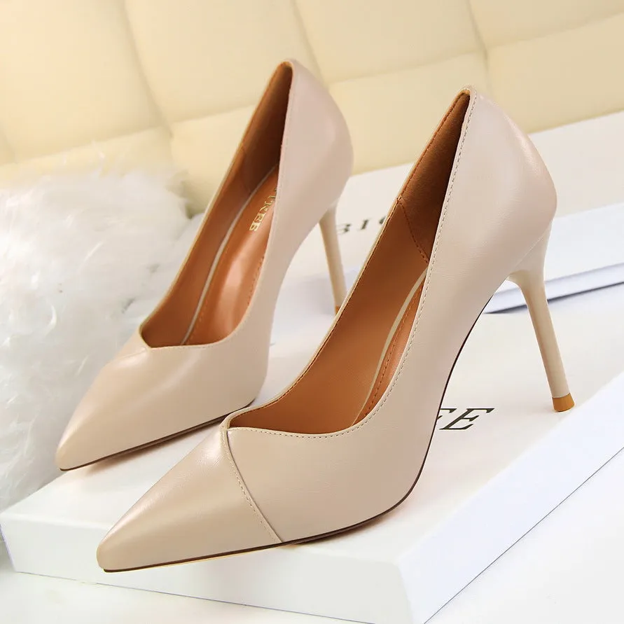 Patchwork PU Stiletto Heel Pointed Toe Low Cut Office High Heels