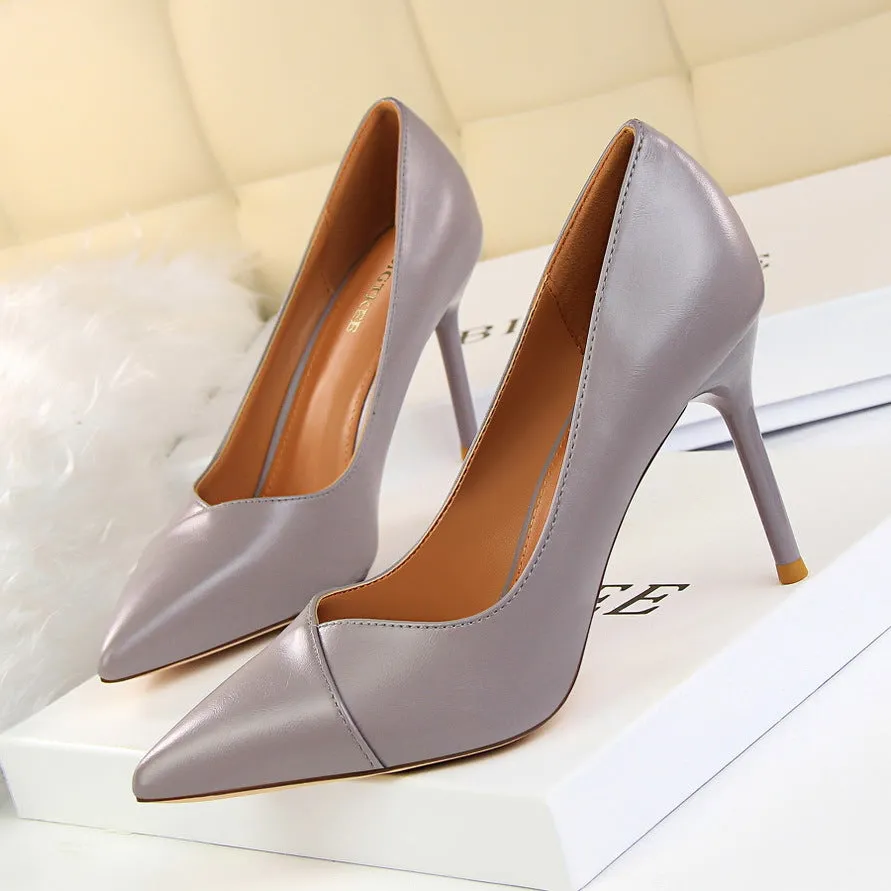 Patchwork PU Stiletto Heel Pointed Toe Low Cut Office High Heels