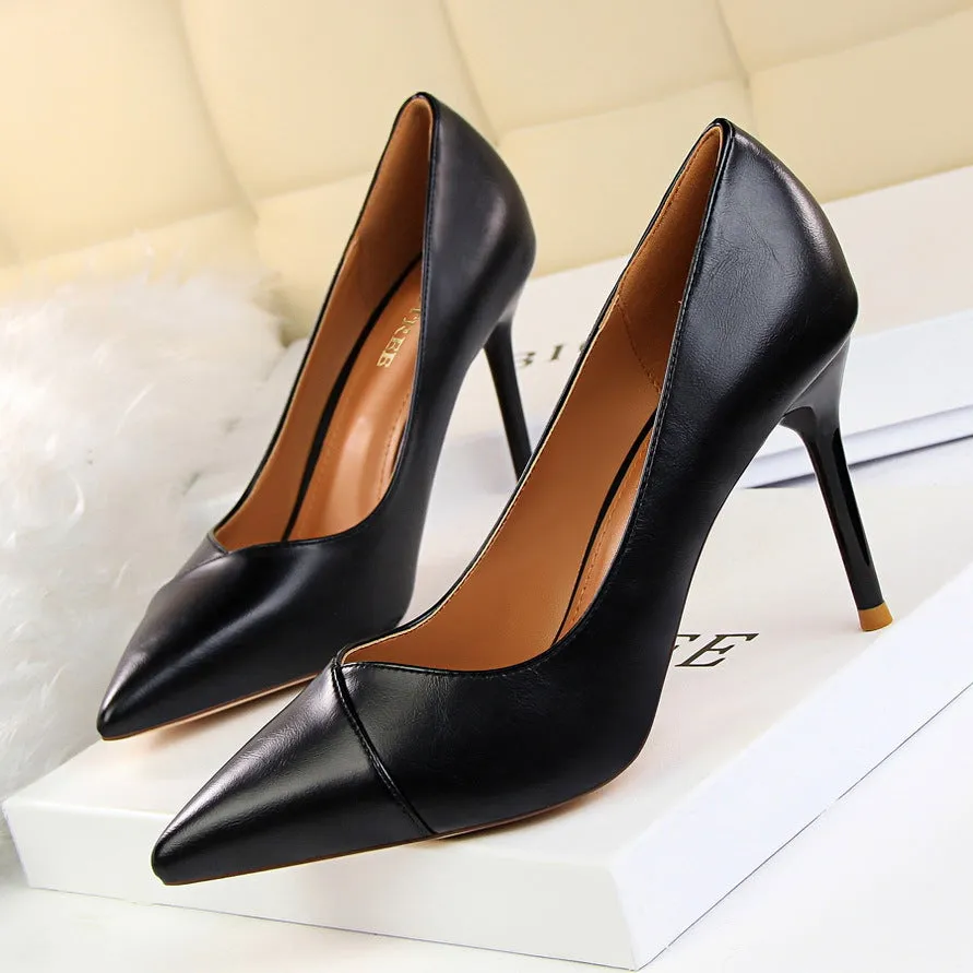 Patchwork PU Stiletto Heel Pointed Toe Low Cut Office High Heels