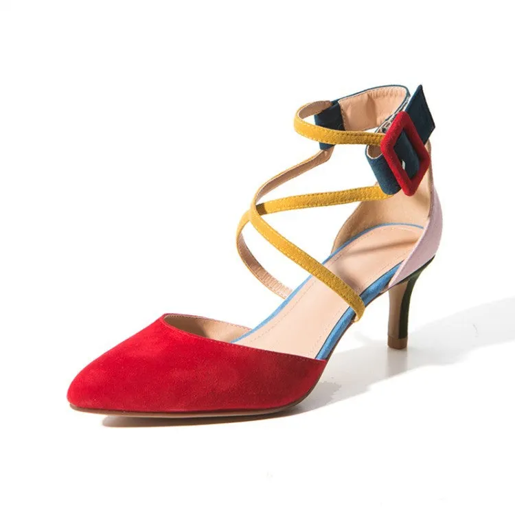 Pointed Toe Color Block Low Cut Ankle Wrap Stiletto High Heels Sandals