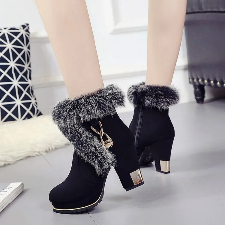 Pointed Toe Fur Decoration Middle Chunky Heel Short Boots