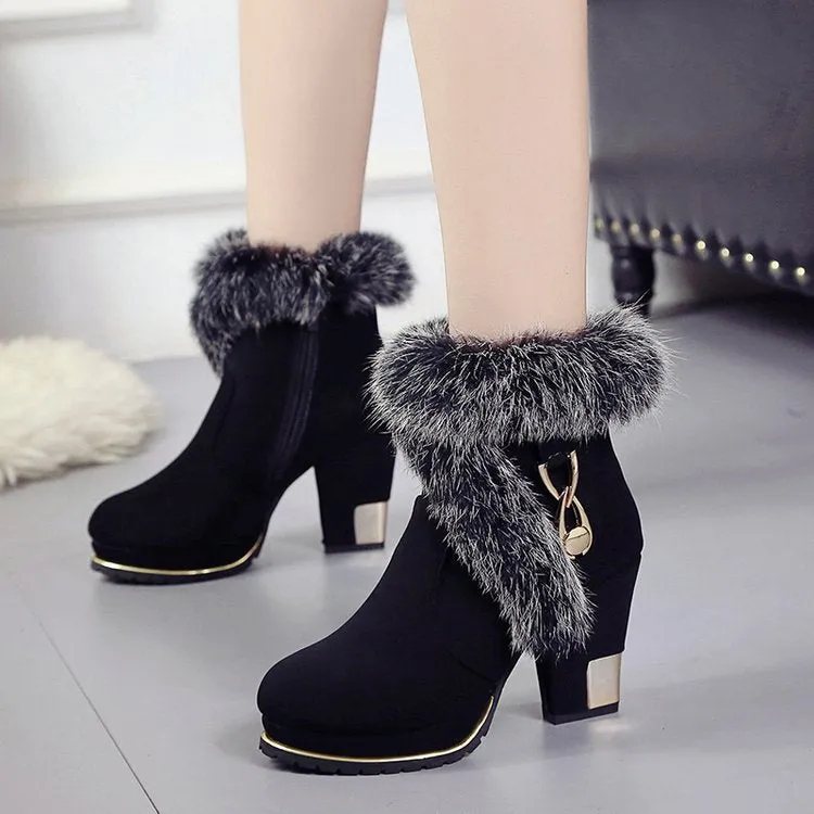 Pointed Toe Fur Decoration Middle Chunky Heel Short Boots