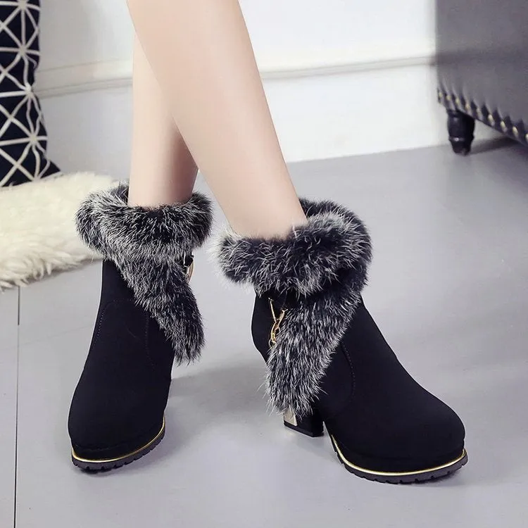 Pointed Toe Fur Decoration Middle Chunky Heel Short Boots