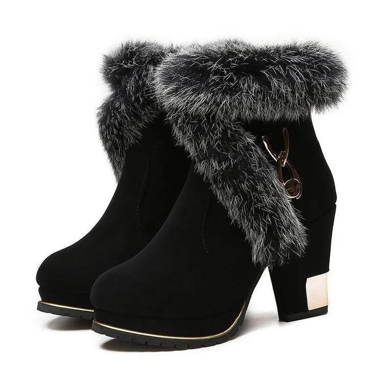 Pointed Toe Fur Decoration Middle Chunky Heel Short Boots