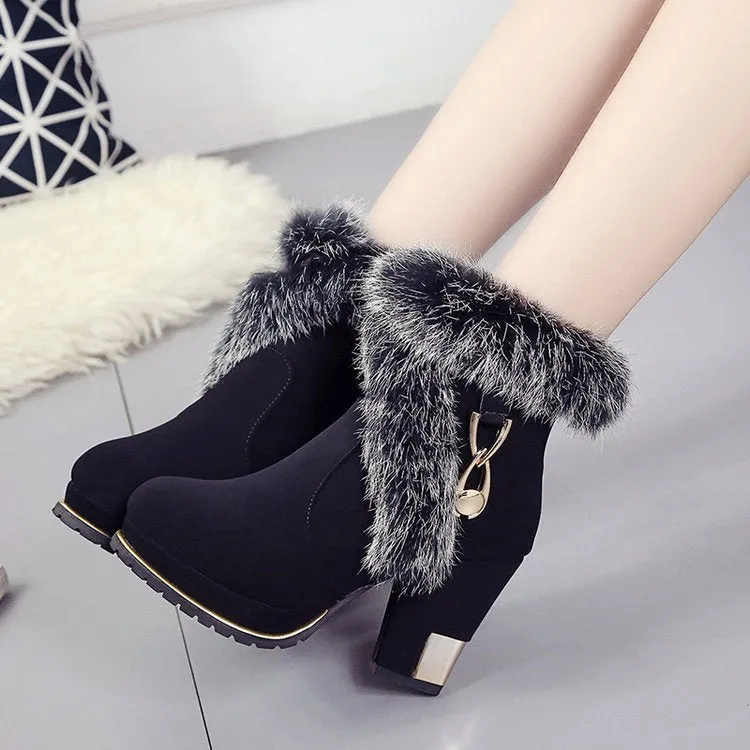 Pointed Toe Fur Decoration Middle Chunky Heel Short Boots