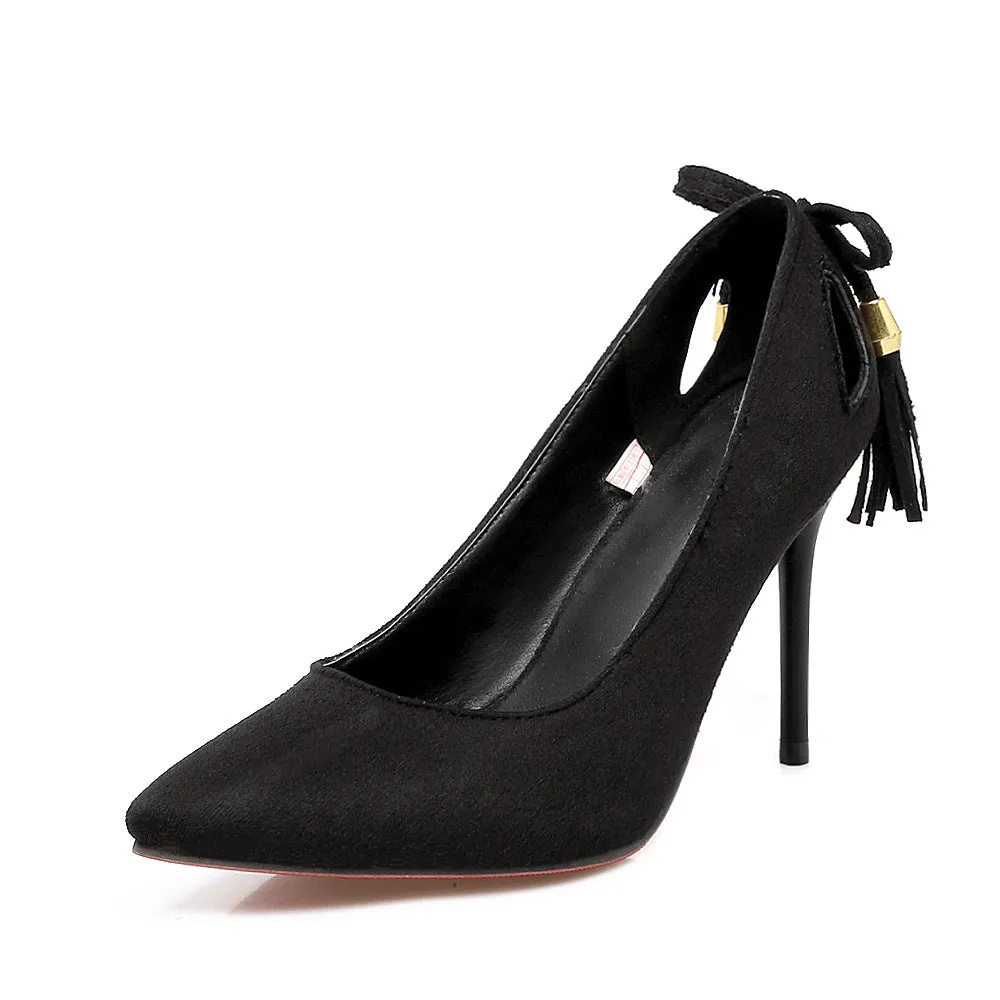 Pointed Toe Hollow Out Low Cut Tassels Stiletto High Heels Party Shoes