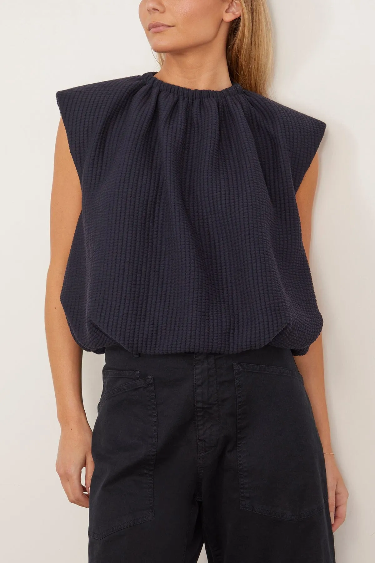Quilted Waffle Shirred Neck Top in Dark Navy