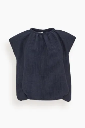 Quilted Waffle Shirred Neck Top in Dark Navy