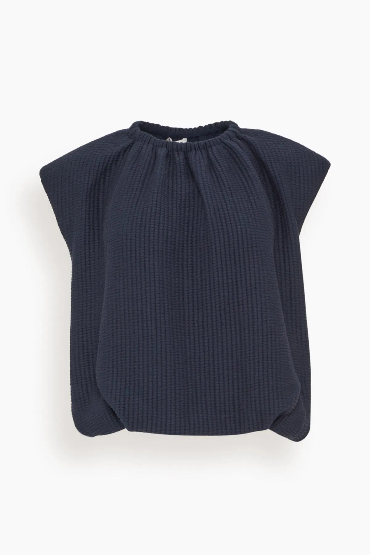 Quilted Waffle Shirred Neck Top in Dark Navy