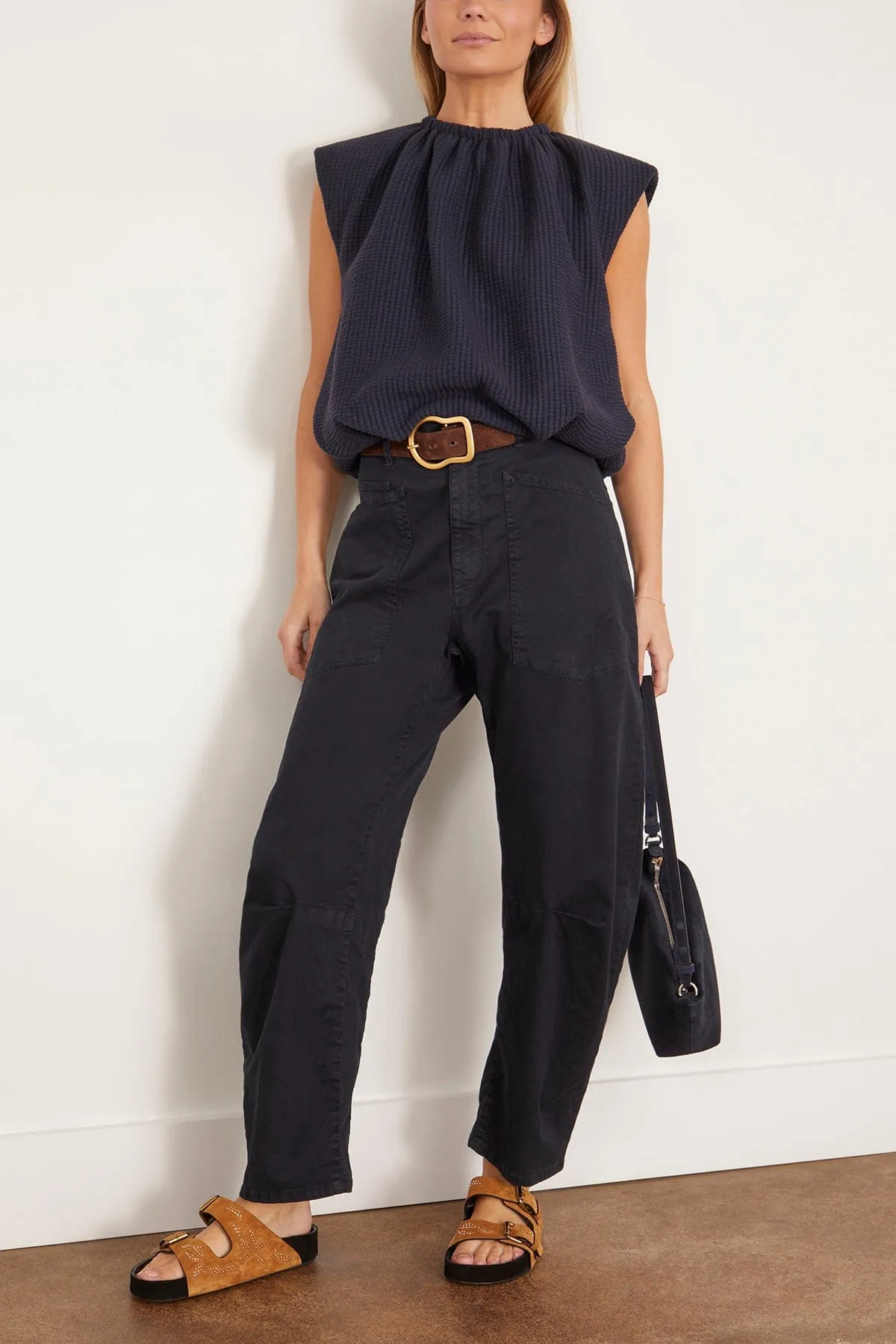 Quilted Waffle Shirred Neck Top in Dark Navy