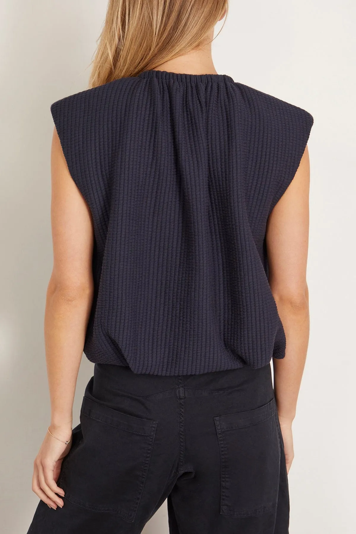 Quilted Waffle Shirred Neck Top in Dark Navy