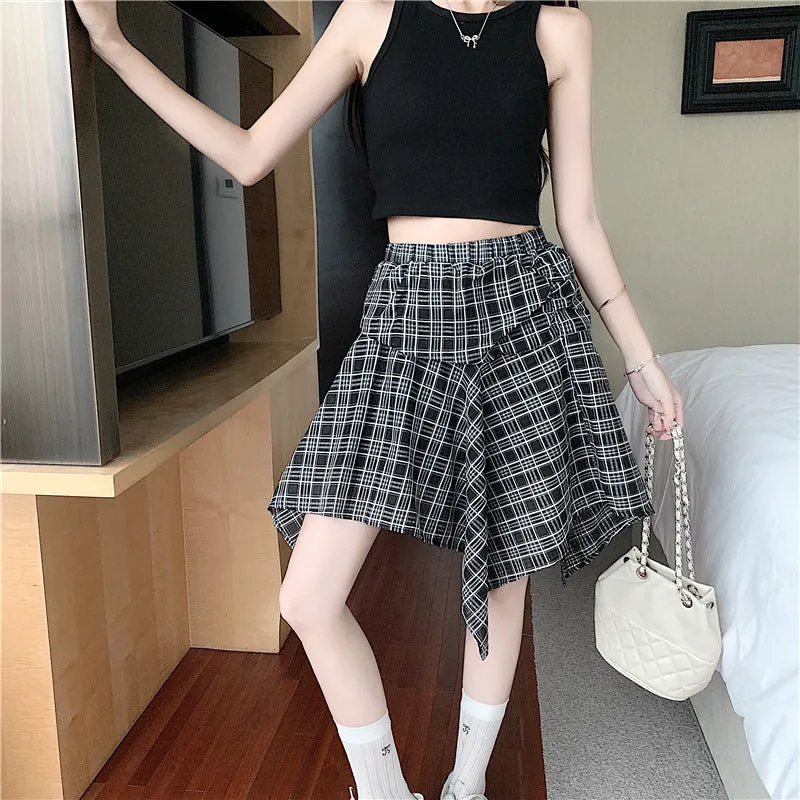 Real Shot Irregular Plaid Mini Skirt  Summer Loose Fit | Lightweight & Trendy Hot Girl Skirt