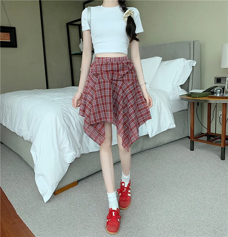 Real Shot Irregular Plaid Mini Skirt  Summer Loose Fit | Lightweight & Trendy Hot Girl Skirt